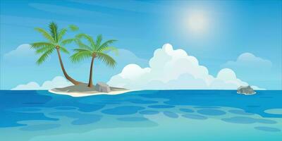 Small tropical island with palm trees at the ocean in sunny day flat design. Travel in summer season concept vector illustration background.