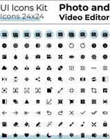 Photo and video editor tools black glyph ui icons set. Silhouette symbols on white space. Solid pictograms for web, mobile. Isolated vector illustrations