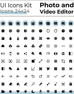 Photo and video editor tools black glyph ui icons set. Silhouette symbols on white space. Solid pictograms for web, mobile. Isolated vector illustrations