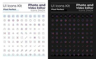 Photo and video editor pixel perfect gradient linear ui icons set for dark, light mode. Line contour user interface symbols. Modern style pictograms. Vector isolated outline illustrations