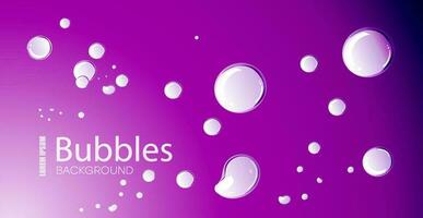 Liquid background with air bubbles, effervescent water. Dynamic aqua motion, randomly moving bubbles, on purple background, realistic 3d vector illustration.