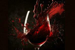 Glass with splash of red wine on black background. Neural network generated art photo