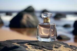 A bottle of perfume on the seashore is enveloped in a wave. Yellow sand on  the beach, marine cosmetics and fragrance. Neural network AI generated  23125068 Stock Photo at Vecteezy