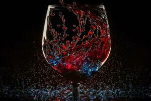 Glass with splash of red wine on black background. Neural network generated art photo