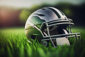 American football helmet on green grass. Neural network art photo