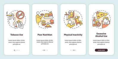 Chronic disease risk factors onboarding mobile app screen. Walkthrough 4 steps editable graphic instructions with linear concepts. UI, UX, GUI template vector