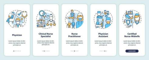 Chronic care management providers onboarding mobile app screen. Walkthrough 5 steps editable graphic instructions with linear concepts. UI, UX, GUI template vector