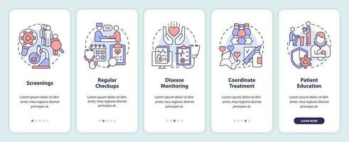 Chronic disease management approach onboarding mobile app screen. Walkthrough 5 steps editable graphic instructions with linear concepts. UI, UX, GUI template vector