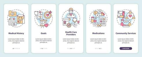 Chronic disease comprehensive care plan onboarding mobile app screen. Walkthrough 5 steps editable graphic instructions with linear concepts. UI, UX, GUI template vector