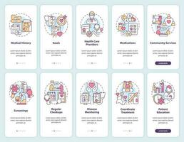 Chronic conditions management onboarding mobile app screen set. Walkthrough 5 steps editable graphic instructions with linear concepts. UI, UX, GUI template vector
