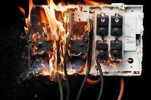 Burning switchboard from overload or short circuit on wall. Circuit breakers on fire and smoke from overheating due to poor connection. Neural network photo