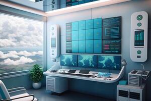 Interior of operating room in modern clinic with computer equipment. Neural network photo