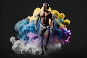 Male athlete in colorful smoke on black background. Neural network photo