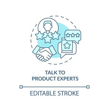 Talk to product experts turquoise concept icon. Get recommendation. Affiliate program abstract idea thin line illustration. Isolated outline drawing. Editable stroke vector