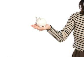 Hand of young Asian woman casual uniform holding white piggy bank isolated on white background, Financial and bank saving money concept photo