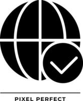 globo con cheque marca negro glifo icono. seguro internacional comunicación. en todo el mundo permisos señales. silueta símbolo en blanco espacio. sólido pictograma. vector aislado ilustración