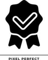 Award badge with check mark black glyph icon. Medal with ribbons and tick. Special prize for winner. Silhouette symbol on white space. Solid pictogram. Vector isolated illustration