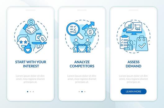 Select affiliate marketing niche blue onboarding mobile app screen. Walkthrough 3 steps editable graphic instructions with linear concepts. UI, UX, GUI template vector