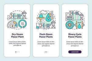 Geothermal power plants onboarding mobile app screen. Walkthrough 3 steps editable graphic instructions with linear concepts. UI, UX, GUI template vector