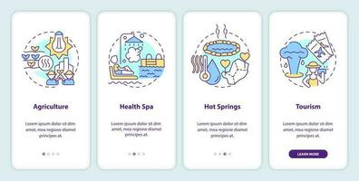 Usage of geothermal energy onboarding mobile app screen. Walkthrough 4 steps editable graphic instructions with linear concepts. UI, UX, GUI template vector