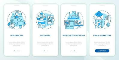 Affiliate marketers types blue onboarding mobile app screen. Sales walkthrough 4 steps editable graphic instructions with linear concepts. UI, UX, GUI template vector