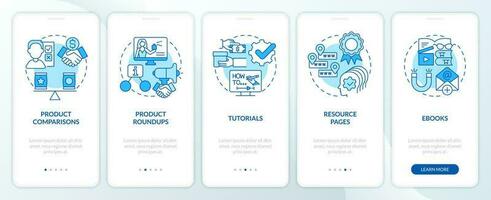 Content for affiliate website blue onboarding mobile app screen. Walkthrough 5 steps editable graphic instructions with linear concepts. UI, UX, GUI template vector