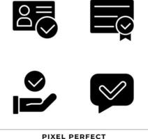 Checkmarks in paper approvement black glyph icons set on white space. Tick marks in business communication. Correct data. Silhouette symbols. Solid pictogram pack. Vector isolated illustration