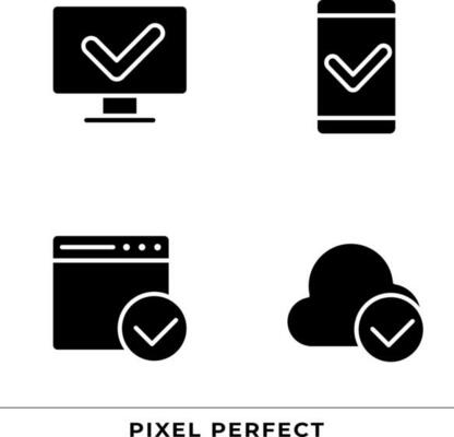 Checkmarks in digital technologies black glyph icons set on white space. Approved access to personal devices. Silhouette symbols. Solid pictogram pack. Vector isolated illustration