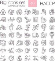 HACCP linear icons set. System of food quality control. Products manufacturing safety. Hazard prevention. Customizable thin line symbols. Isolated vector outline illustrations. Editable stroke