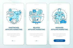 Affiliate marketing programs blue onboarding mobile app screen. Walkthrough 3 steps editable graphic instructions with linear concepts. UI, UX, GUI template vector