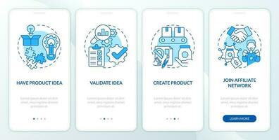 Become affiliate merchant blue onboarding mobile app screen. Ecommerce walkthrough 4 steps editable graphic instructions with linear concepts. UI, UX, GUI template vector