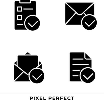 Documents with checkmarks black glyph icons set on white space. Approvement of business papers. Correct information. Silhouette symbols. Solid pictogram pack. Vector isolated illustration