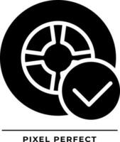 Vehicle tire safety black glyph icon. Wheel with checkmark. Transport quality control. Approved product. Silhouette symbol on white space. Solid pictogram. Vector isolated illustration