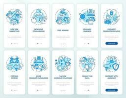 Affiliate marketer work blue onboarding mobile app screens set. Walkthrough 5 steps editable graphic instructions with linear concepts. UI, UX, GUI template vector