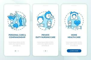 Home health care types blue onboarding mobile app screen. Walkthrough 3 steps editable graphic instructions with linear concepts. UI, UX, GUI template vector