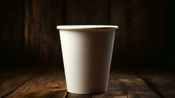 blanco papel café vaso soportes en un de madera mesa. creativo recurso, vídeo animación video