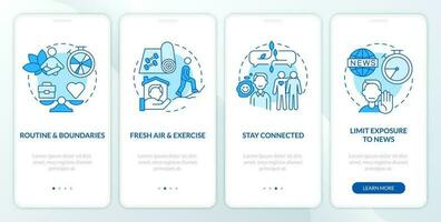 Remote workplace wellbeing tips blue onboarding mobile app screen. Walkthrough 4 steps editable graphic instructions with linear concepts. UI, UX, GUI template vector