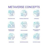 Metaverse blue gradient concept icons set. Technology of virtual reality development idea thin line color illustrations. Isolated symbols vector