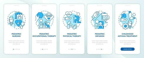 Pediatric home health care blue onboarding mobile app screen. Walkthrough 5 steps editable graphic instructions with linear concepts. UI, UX, GUI template vector