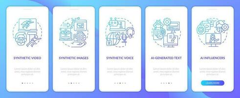 Synthetic media types blue gradient onboarding mobile app screen. VR walkthrough 5 steps graphic instructions with linear concepts. UI, UX, GUI template vector