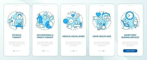 Home health care services blue onboarding mobile app screen. Walkthrough 5 steps editable graphic instructions with linear concepts. UI, UX, GUI template vector