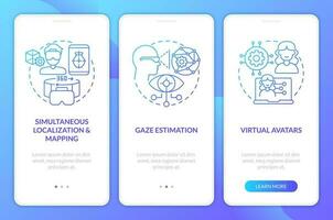 Data solutions for metaverse blue gradient onboarding mobile app screen. Walkthrough 3 steps graphic instructions with linear concepts. UI, UX, GUI template vector