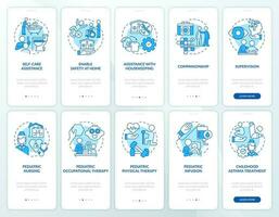 Home healthcare services blue onboarding mobile app screen set. Walkthrough 5 steps editable graphic instructions with linear concepts. UI, UX, GUI template vector