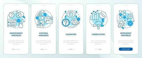 Causal research variables blue onboarding mobile app screen. Walkthrough 5 steps editable graphic instructions with linear concepts. UI, UX, GUI template vector