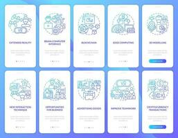 Metaverse for business blue gradient onboarding mobile app screens set. Walkthrough 5 steps graphic instructions with linear concepts. UI, UX, GUI template vector