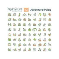 Agriculture policy RGB color icons set. Agribusiness regulation laws. Farmers support programs. Isolated vector illustrations. Simple filled line drawings collection. Editable stroke