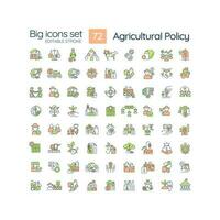 Agriculture policy RGB color icons set. Agribusiness regulation laws. Farmers support programs. Isolated vector illustrations. Simple filled line drawings collection. Editable stroke