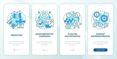 Causal research benefits blue onboarding mobile app screen. Walkthrough 4 steps editable graphic instructions with linear concepts. UI, UX, GUI template vector