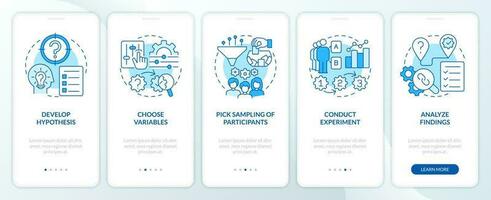 How to conduct causal research blue onboarding mobile app screen. Walkthrough 5 steps editable graphic instructions with linear concepts. UI, UX, GUI template vector