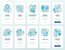 Causal research blue onboarding mobile app screens set. Analytics. Walkthrough 5 steps editable graphic instructions with linear concepts. UI, UX, GUI template vector